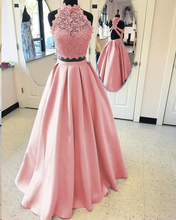 Two Piece Prom Dresses High Neck A line Floor-length Lace Long Satin Prom Dress JKS302|Annapromdress
