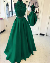 Two Piece Prom Dresses High Neck A line Floor-length Lace Long Satin Prom Dress JKS302|Annapromdress