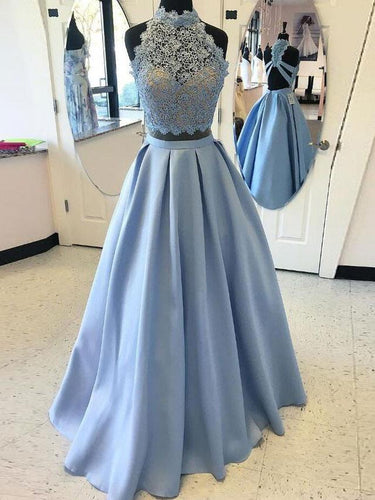Two Piece Prom Dresses High Neck A line Floor-length Lace Long Satin Prom Dress JKS302|Annapromdress