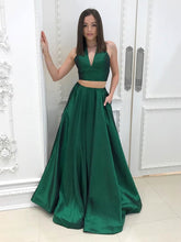 Two Piece Prom Dresses Halter Aline Floor-length Hunter Green Simple Long Prom Dress JKS304