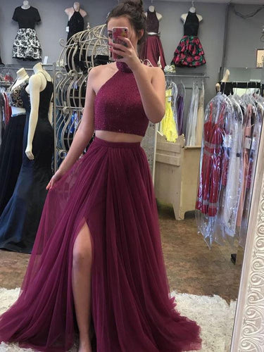 Two Piece Prom Dresses High Neck A Line Floor-length Tulle Long Sexy Slit Prom Dress JKS305