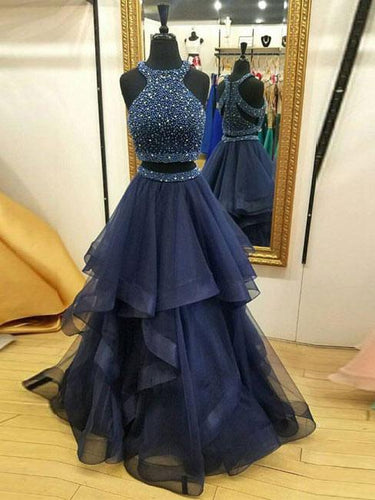 Two Piece Prom Dresses Scoop Floor-length Long Rhinestone Prom Dress Sexy Evening Dress JKS306