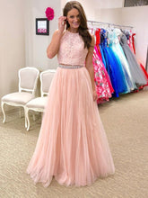 Two Piece Prom Dresses Halter A line Floor-length Pink Long Tulle Sparkly Prom Dress JKS307