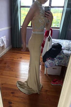 Two Piece Prom Dresses High Neck Short Train Long Prom Dress Sexy Evening Dress JKS308