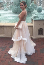 Two Piece Prom Dresses Scoop A Line Tulle Rhinestone Long Sexy Prom Dress JKS309