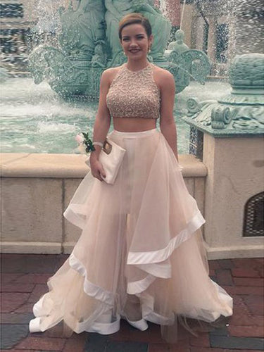 Two Piece Prom Dresses Scoop A Line Tulle Rhinestone Long Sexy Prom Dress JKS309
