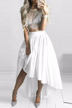 Two Piece Prom Dresses Scoop A-line Asymmetrical White Lace Long High Low Prom Dress JKS311