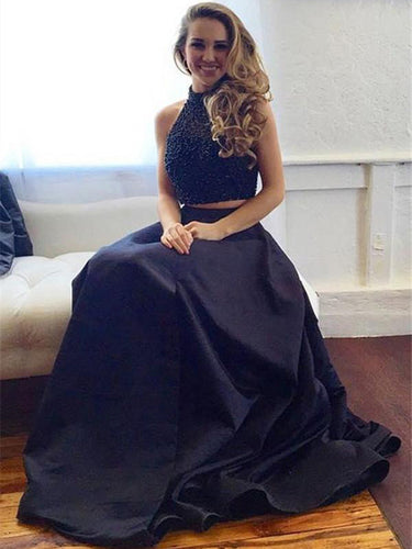 Two Piece Prom Dresses High Neck A line Sweep/Brush Train Black Long Sparkly Prom Dress JKS314