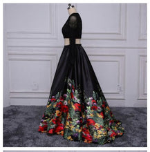 Two Piece Prom Dresses Short Train Long Black Floral Print Prom Dress Sexy Evening Dress JKS315