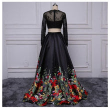 Two Piece Prom Dresses Short Train Long Black Floral Print Prom Dress Sexy Evening Dress JKS315
