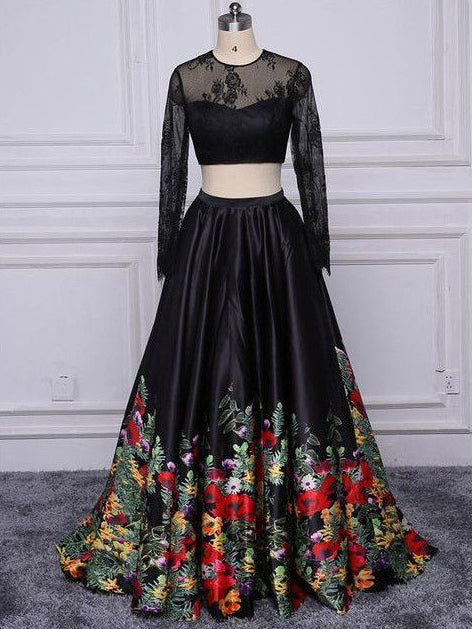 Two Piece Prom Dresses Short Train Long Black Floral Print Prom Dress –  Anna PromDress