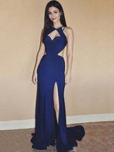 Sexy Prom Dresses Scoop Backless Sheath Column Sweep Train Long Prom Dress JKS316