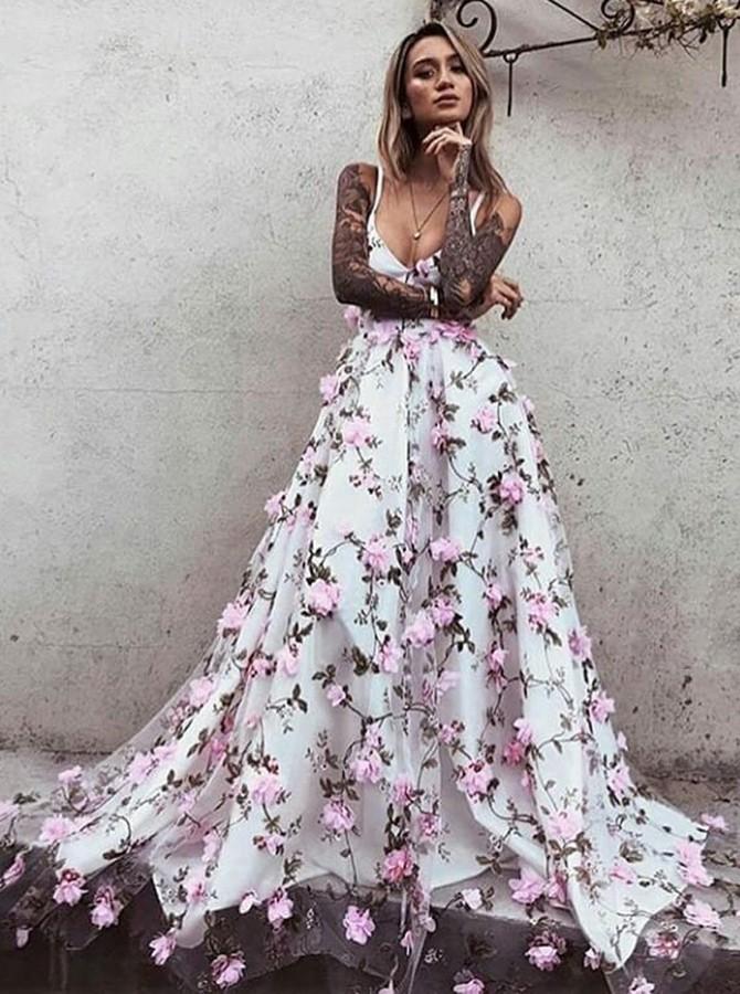 chinese dress ladies Floral Lace Prom Dresses with Straps V-neck Aline Long Open Back Beaut –  Anna PromDress