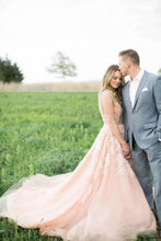 2017 Wedding Dresses V-neck Pearl Pink Sweep/Brush Train Chiffon JKW028