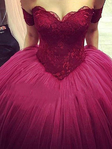 Ball Gown Wedding Dresses Sexy Off-the-shoulder Burgundy Bridal Gown JKW037
