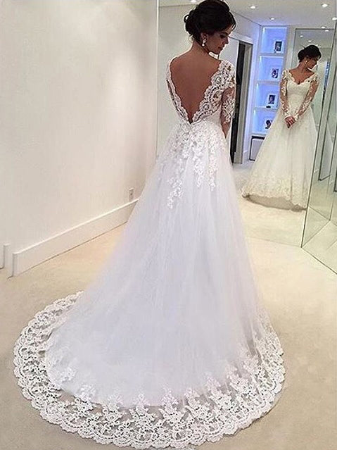 Beautiful Wedding Dresses V-neck Long Sleeve Appliques Bridal Gown JKW038