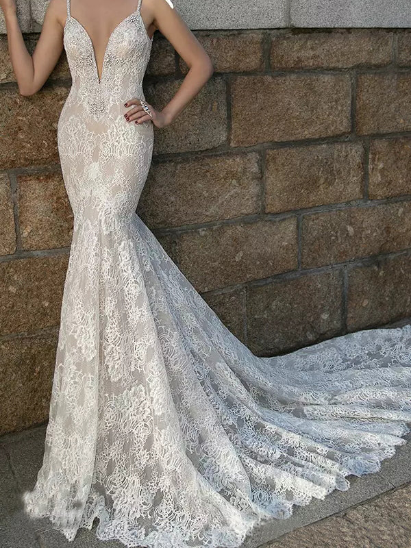 Sexy Wedding Dresses Spaghetti Straps Sheath/Column Lace Bridal Gown J –  Anna PromDress