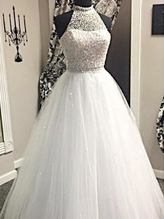Beautiful Wedding Dresses High Neck Beading Floor-length Bridal Gown JKW060