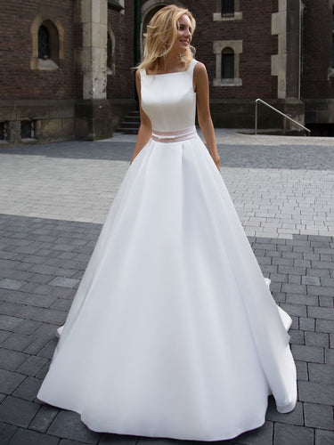 Fashion Simple Wedding Dresses Beautiful A-line Square Satin Ivory Bridal Gown JKW066