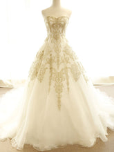 Chic Wedding Dresses Ivory Gold Appliques Sweep/Brush Train Bridal Gown JKW077