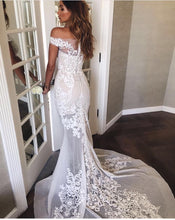 Sheath/Column Wedding Dresses Off-the-shoulder Sweep/Brush Train Bridal Gown JKW086