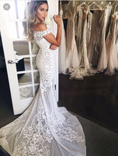 Sheath/Column Wedding Dresses Off-the-shoulder Sweep/Brush Train Bridal Gown JKW086