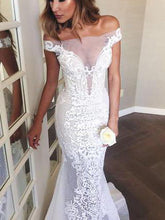 Sheath/Column Wedding Dresses Off-the-shoulder Sweep/Brush Train Bridal Gown JKW086