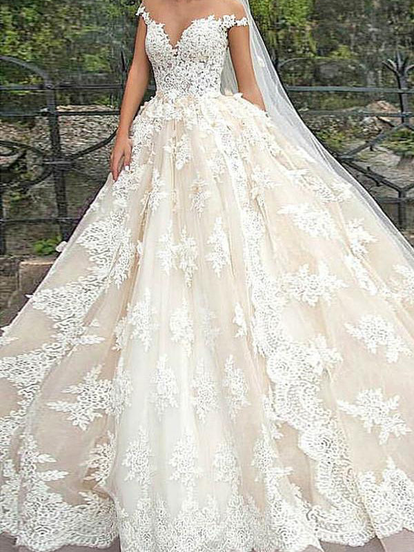 Romantic Wedding Dresses Scoop Ball Gown Sweep/Brush Train Tulle Bridal Gown JKW092