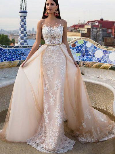 Luxury Wedding Dresses Sheath/Column Detachable Train Appliques Tulle Bridal Gown JKW103