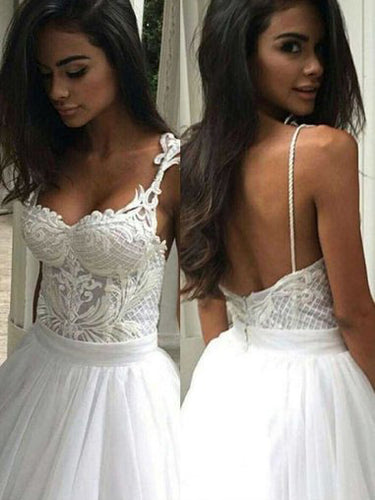 Chic Wedding Dresses Sexy Spaghetti Straps Appliques Tulle Ivory Bridal Gown JKW105
