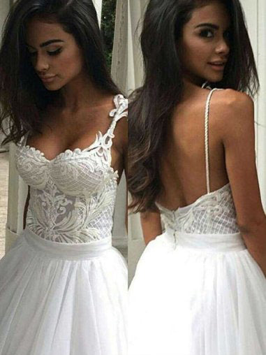 Chic Wedding Dresses Sexy Spaghetti Straps Appliques Tulle Ivory Bridal Gown JKW105