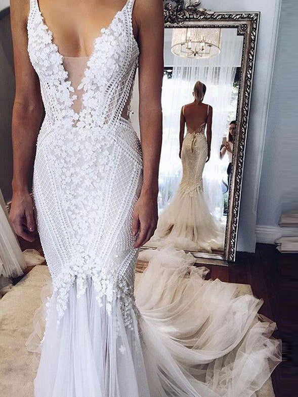 Sexy Chic Wedding Dresses Straps Appliques Sweep/Brush Train Backless Bridal Gown JKW107