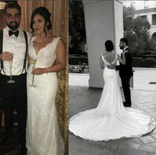 Sexy Wedding Dresses V-neck Sheath/Column Sweep/Brush Train Bridal Gown JKW111