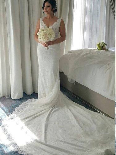 Sexy Wedding Dresses V-neck Sheath/Column Sweep/Brush Train Bridal Gown JKW111