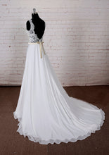 Chic Wedding Dresses V-neck A-line Sweep/Brush Train Lace Bridal Gown JKW129