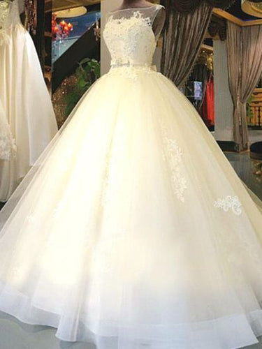 Luxury Wedding Dresses Bateau Ball Gown Appliques Bowknot Long Bridal Gown JKW137