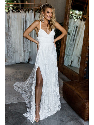 Lace Wedding Dresses Spaghetti Straps Sweep Train Criss-Cross Straps Sexy Bridal Gown JKW144