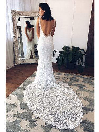 Beach Wedding Dresses V-neck Sheath Column Long Sexy White Lace Bridal Gown JKW145