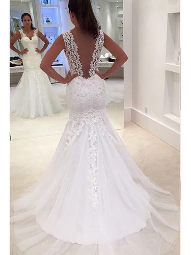 Mermaid Wedding Dresses Straps Sweep Train Appliques Sexy Bridal Gown JKW148