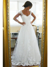 Chic Wedding Dresses V-neck A-line Brush Train Sexy White Lace Bridal Gown JKW149