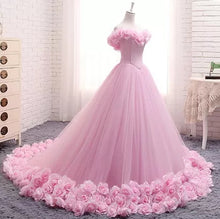 Ball Gown Wedding Dresses Off-the-shoulder Hand-Made Flower Pink Bridal Gown JKW151