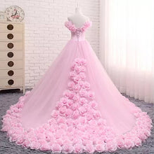 Ball Gown Wedding Dresses Off-the-shoulder Hand-Made Flower Pink Bridal Gown JKW151