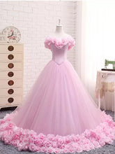 Ball Gown Wedding Dresses Off-the-shoulder Hand-Made Flower Pink Bridal Gown JKW151