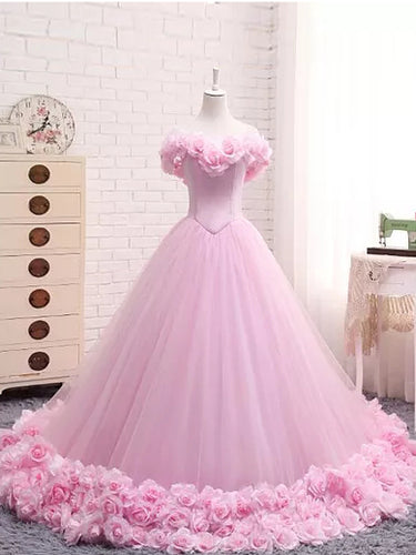 Ball Gown Wedding Dresses Off-the-shoulder Hand-Made Flower Pink Bridal Gown JKW151