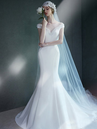 Mermaid Wedding Dresses Bateau Sweep Train White Beading Long Sexy Bridal Gown JKW161