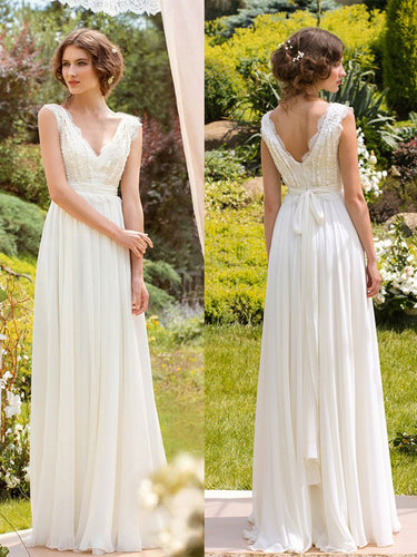Simple Wedding Dresses V-neck Floor-length Chiffon Sexy Lace Bridal Gown JKW170|Annapromdress