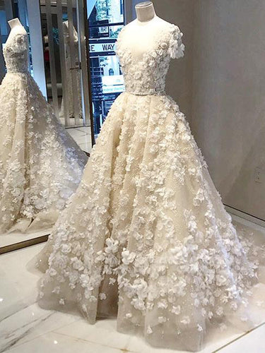 Luxury Wedding Dresses Ball Gown Scoop Sweep Train Lace Ivory Big Bridal Gown JKW171