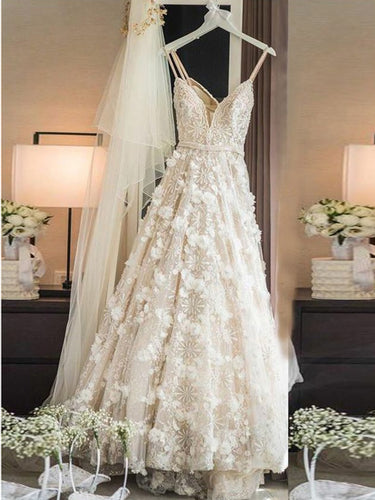 Sexy Wedding Dresses Spaghetti Straps A-line Sweep Train Ivory Lace Bridal Gown JKW175