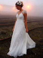 Cheap Wedding Dresses A-line V-neck Sweep Train Lace Ivory Simple Bridal Gown JKW176