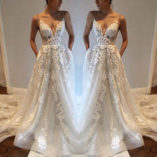 Beautiful Wedding Dresses A-line Spaghetti Straps Brush Train Appliques Ivory Tulle Bridal Gown JKW177